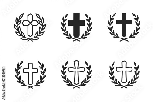 Catholic Education Logos. Catholic education. Set Logo of Catholic education: cross with laurel wreath. harmonious logo variations of the same emblematic