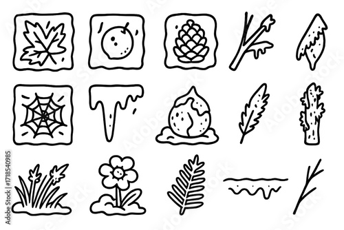 Frozen Nature Doodles. Hand-drawn doodle illustration nature frozen in ice frozen leaf, frosted berry, icy pinecone, snow-dusted branch, frozen web, icicle