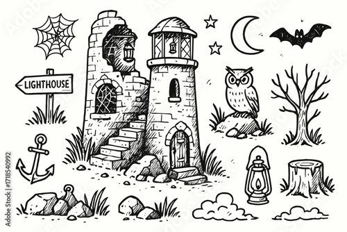 Lighthouse Ruins at Night. Hand-drawn doodle illustration old lighthouse ruins broken tower, fallen rock, wild grass, cracked stairs, owl, moon, lantern,
