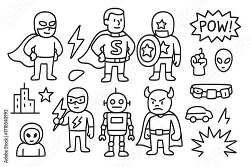 Superhero Figurine Icons. Superhero figurines. Hand-drawn doodle illustration superhero figurines masked hero, cape, shield, lightning bolt, robot, villain,