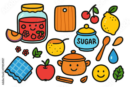 Fruit Drink Ingredients. Colorful Hand-drawn doodle Children illustration Fruit drink ingredients jar of compote, cutting board, plum slice, lemon, cherry,