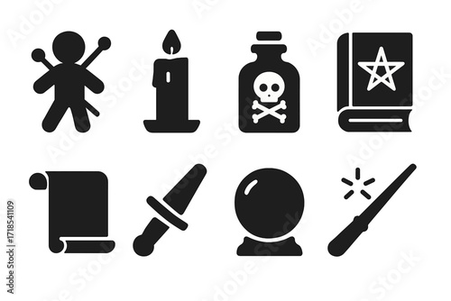 Curse Implements Icons. Solid, filled icon set of curse implements: voodoo pins, black candle, poison bottle, cursed book, spell scroll, ritual knife, crystal
