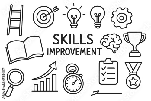 Skills Improvement Icons. Hand-drawn doodle illustration Skills improvement [ladder, target, arrow, light bulb, gear, brain, book, stopwatch, trophy,