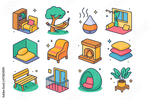 Relaxation Spaces Icons. Colorful isometric vector icons set of relaxation spaces: cozy reading nook, hammock under tree, aromatherapy diffuser, fairy lights