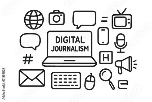 Digital Journalism Icons. Hand-drawn doodle illustration Digital journalism laptop, smartphone, tablet, keyboard, mouse, globe, speech bubble, email envelope,