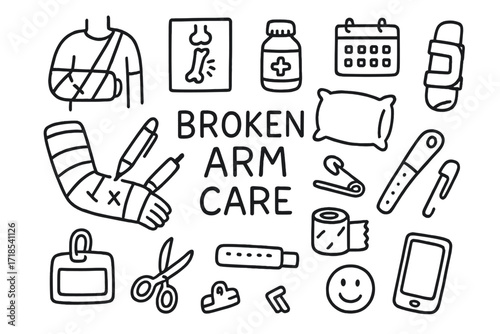 Broken Arm Care Essentials. Hand-drawn doodle illustration [broken arm care] [arm in cast, sling, bone x-ray, calendar, medicine bottle, pillow, brace,