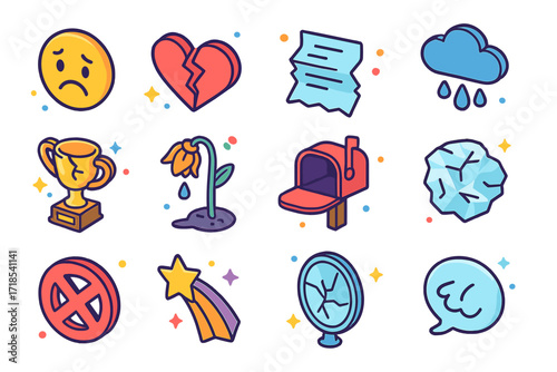 Colorful Disappointment Icons Set. Colorful isometric vector icons set of Disappointment symbols: frowning face, broken heart, torn letter, rainy cloud,