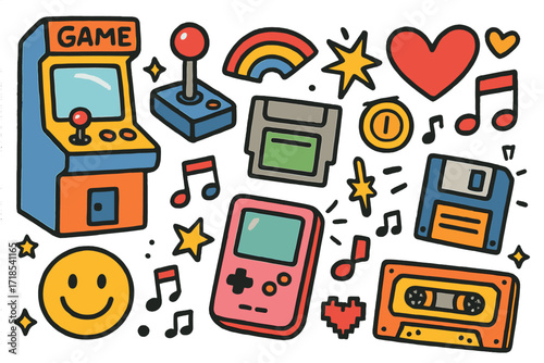 Vintage Gaming Doodles. Colorful Hand-drawn doodle Children illustration Vintage Gaming [arcade machine, joystick, game cartridge, handheld console, floppy
