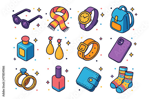 Personal Style Essentials. Colorful isometric vector icons set of Personal style essentials: sunglasses, wristwatch, scarf, backpack, perfume bottle, earrings,