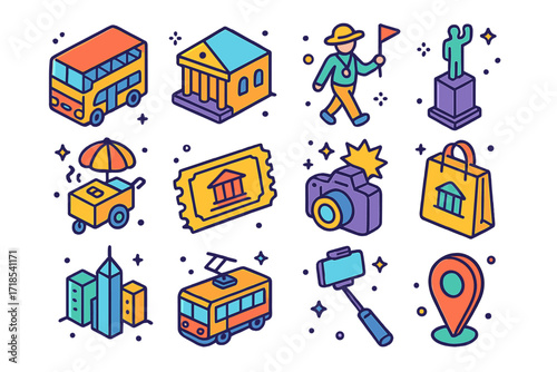 City Tour Icons. Colorful isometric vector icons set of City tour excursion: sightseeing bus, historic building, walking guide, monument, street food cart,