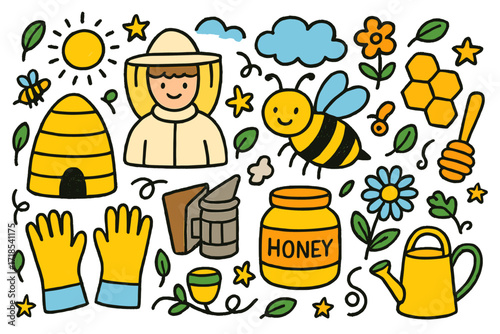 Colorful Beekeeping Icons. Beekeeping and pollination. Colorful Hand-drawn doodle Children illustration beehive, honeycomb, bee, beekeeper hat, jar of honey,