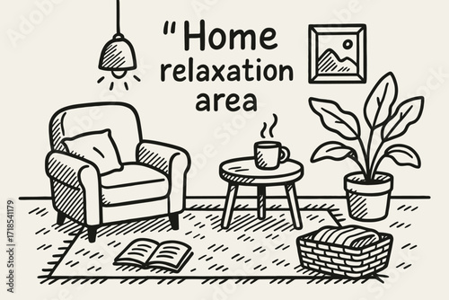 Cozy Relaxation Nook. Hand-drawn doodle illustration Home relaxation area floor