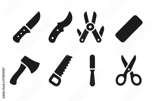 Hunting Gear Icons. Solid, filled icon set of hunting knives and tools: skinning knife, gutting knife, multi-tool, sharpening stone, axe, saw, file, scissors.