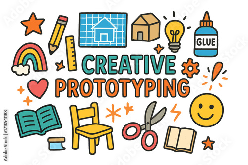 Creative Prototyping Doodles. Colorful Hand-drawn doodle Children illustration Creative Prototyping [pencil, ruler, blueprint, cardboard model, glue, gear,