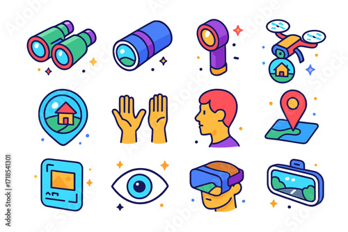 Colorful Viewpoint Icons. Colorful isometric vector icons set of Point of View Concepts: binocular vision, telescope viewfinder, periscope lens, drone camera