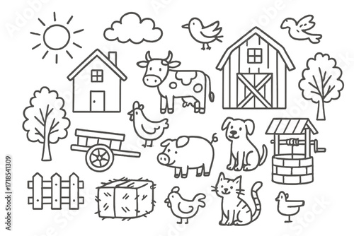 Farm Life Doodle. Hand-drawn doodle illustration village farm life barn, house, cow, pig, chicken, dog, cat, fence, hay bale, well, tree, cart, sun, cloud,
