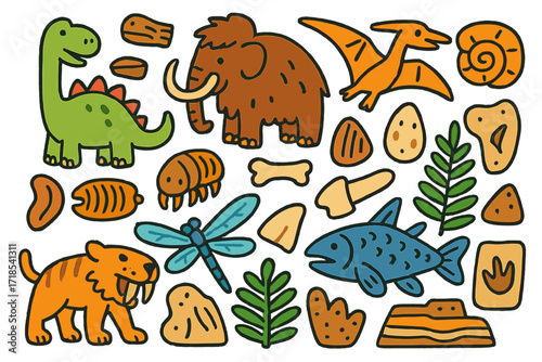 Ancient Creature Doodle. Colorful Hand-drawn doodle Children illustration Ancient creatures [dinosaur, mammoth, saber-tooth tiger, trilobite, ammonite,