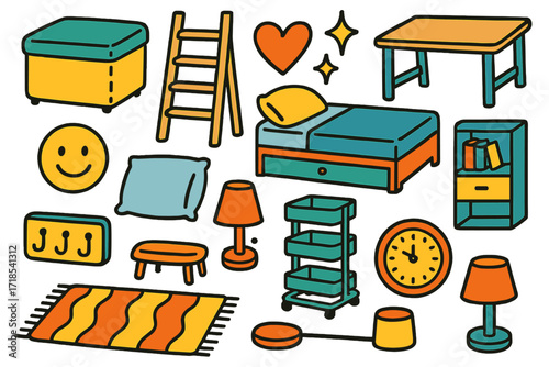 Colorful Doodle Furniture Icons. Colorful Hand-drawn doodle Children illustration Multifunctional pieces storage ottoman, ladder shelf, drop-leaf table,