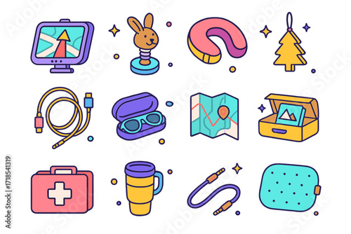 Car Travel Essentials Icons. Colorful isometric vector icons set of Car Travel Must-Haves: GPS navigator, dashboard bobblehead, travel pillow, car