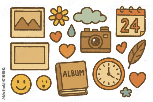 Vintage Doodle Collage. Colorful Hand-drawn doodle Children illustration Faded Photographs vintage photo, photo frame, sepia tone, old camera, flower, soft