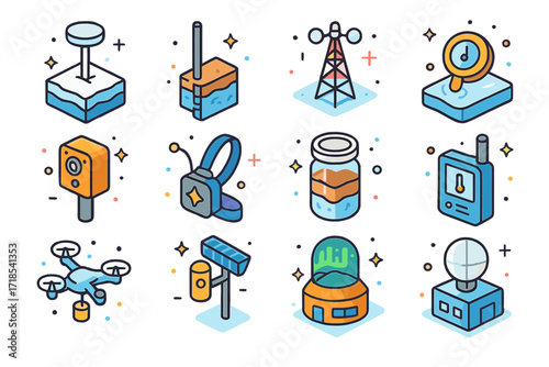 Frozen Monitoring Icon Set. Colorful isometric vector icons set of Environmental monitoring in frozen regions: snow depth sensor, permafrost probe, wind speed