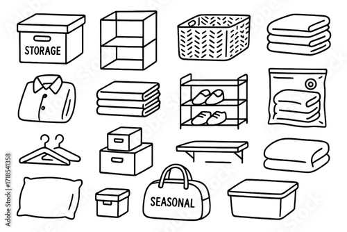 Minimalist Storage Doodle. Hand-drawn doodle illustration Minimalist storage labeled boxes, storage cubes, baskets, folded towels, folded shirts, books, shoe