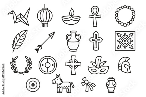 Cultural Icon Doodles. Hand-drawn doodle illustration Cultural icons Japanese origami crane, Chinese paper lantern, Indian diya lamp, African bead necklace,