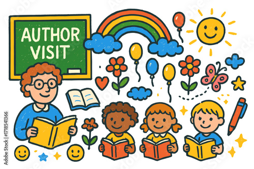 Joyful Classroom Creativity. Colorful Hand-drawn doodle Children illustration Classroom Author Visit chalkboard, author, children reading, open book, pen,