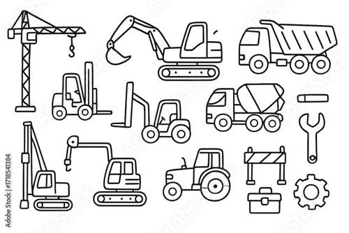 Heavy Machinery Doodle. Hand-drawn doodle illustration Heavy machinery [crane, excavator, bulldozer, forklift, cement mixer truck, dump truck, drill rig,
