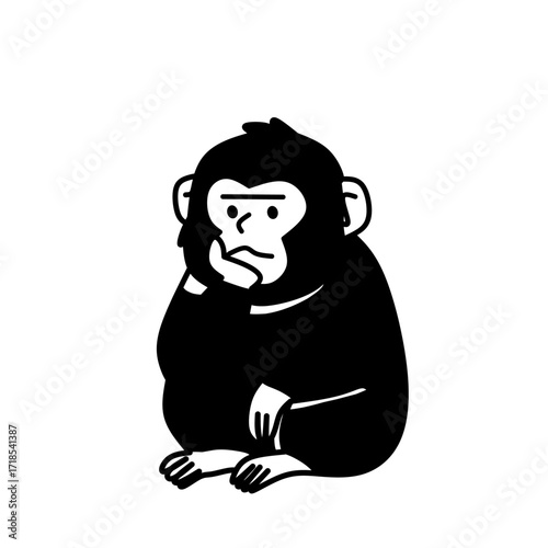 illustration of a chimpanzee sitting and thinking pose, simple black silhouette design isolated on white background