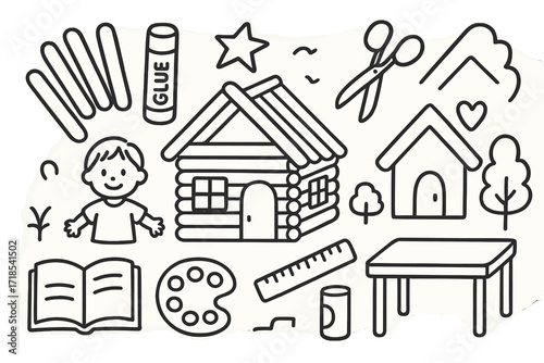 Creative Doodle Construction. Hand-drawn doodle illustration Creative house building popsicle sticks, glue stick, scissors, child figure, ruler, house, roof,