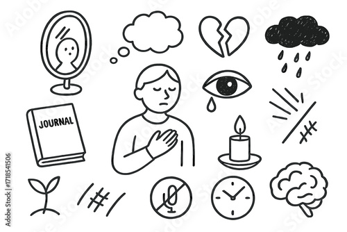 Emotionally Reflective Doodles. Hand-drawn doodle illustration Self-reflection and emotional pain [mirror, thought bubble, broken heart, journal, hand on