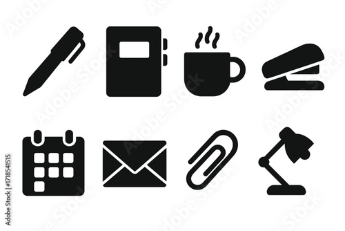 Office Supplies Icons. Solid, filled icon set of corporate office supplies: pen, notebook, coffee cup, stapler, calendar, envelope, paperclip, desk lamp.