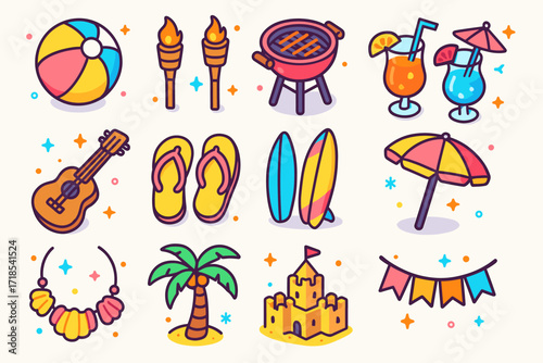 Summer Party Icons. Colorful isometric vector icons set of beachside summer parties: beach ball, tiki torches, barbecue grill, tropical cocktails, ukulele,