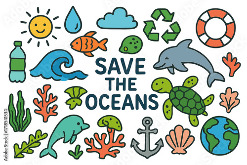 Save Our Oceans. Colorful Hand-drawn doodle Children illustration Save the oceans [blue wave, fish, turtle, dolphin, coral, seaweed, water drop, plastic
