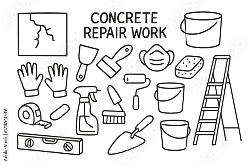 Concrete Repair Tools. Hand-drawn doodle illustration Concrete repair work [cracked wall, filler knife, patching bucket, gloves, mask, scraper, trowel, sponge,
