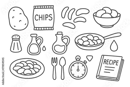Potato Chips Icons. Hand-drawn doodle illustration Potato chips making [potato, chips bag, chips slices, bowl, plate, salt shaker, oil bottle, frying pan,