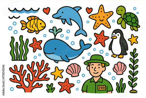 Aquatic Cartoon Adventure. Aquarium. Colorful Hand-drawn doodle Children illustration fish, dolphin, turtle, penguin, whale, coral, starfish, zookeeper, wave,