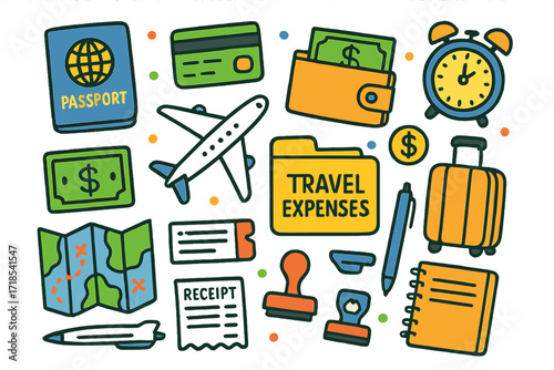 Travel Expenses Doodle. Colorful Hand-drawn doodle Children illustration Travel expenses folder [bill folder, passport, credit card, wallet, money, coin,