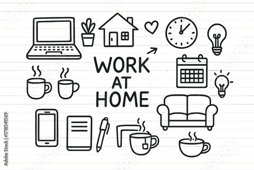 Home Office Doodles. Hand-drawn doodle illustration [Work at home integration] [laptop, desk, coffee cup, house, plant, clock, calendar, phone, sofa, notebook,
