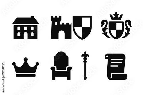 Peerage Estate Icons. Solid, filled icon set of peerage estates: manor house, castle, heraldic shield, coat of arms, crown, throne, scepter, peerage scroll.