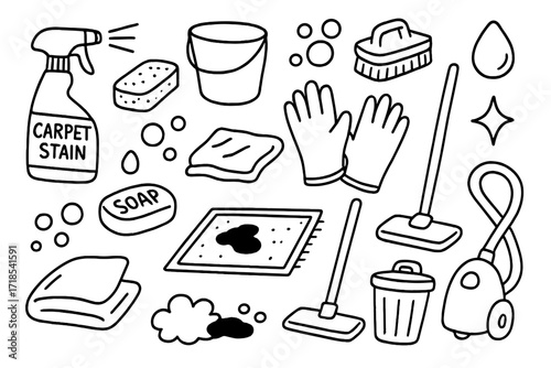 Cleaning Supplies Illustration. Hand-drawn doodle illustration Carpet stain removal spray bottle, sponge, bucket, brush, cloth, gloves, bubbles, droplet, soap,