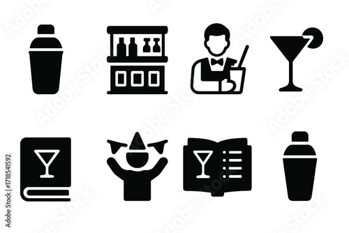 Vintage Cocktail Icons. Solid, filled icon set of stirring cocktail history: vintage shaker, old bar, classic bartender, retro glass, cocktail book, cultural
