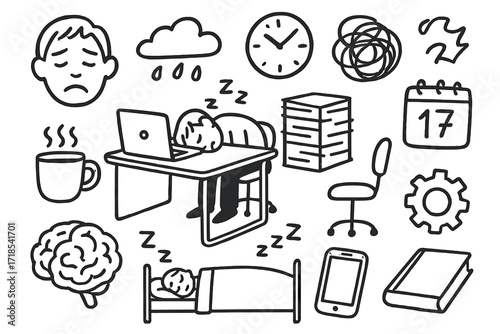 Workplace Exhaustion Icons. Hand-drawn doodle illustration workplace exhaustion desk, laptop, stack of papers, chair, clock, calendar, coffee mug, storm cloud,