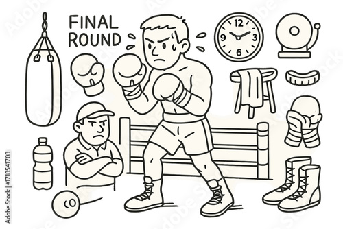 Boxer Ready to Fight. Hand-drawn doodle illustration A Boxer Preparing for the Final Round [boxing gloves, boxer stance, punching bag, ring ropes, stool,