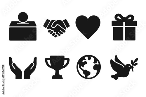 Oligarch Philanthropy Icons. Solid, filled icon set of oligarch philanthropy and charity: donation box, handshake, heart, gift box, helping hands, trophy,