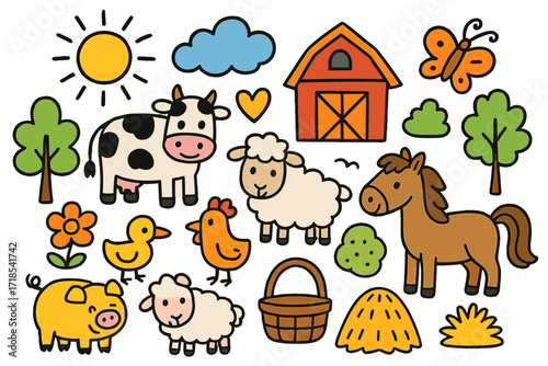 Farm Animals Doodle. Colorful Hand-drawn doodle Children illustration Farm Animals [cow, pig, sheep, chicken, duck, horse, barn, haystack, tree, flower, sun,