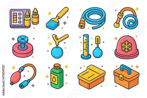 Water Trough Tools Icons. Colorful isometric vector icons set of Water trough maintenance tools: water test kit, cleaning brush, algae scrub pad, hose with