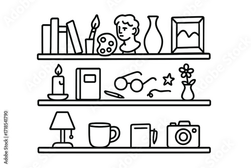 Bookshelf Art Icons. Hand-drawn doodle illustration Bookshelf with art objects [books, paintbrush, palette, sculpture, vase, picture frame, candle, notebook,