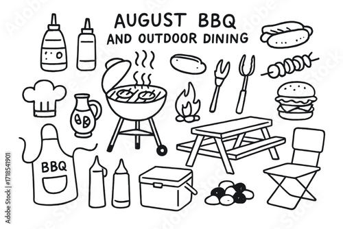 BBQ Doodle Icons. Hand-drawn doodle illustration [August BBQ and outdoor dining] [grill, hotdog, burger, skewers, picnic table, ketchup bottle, mustard,